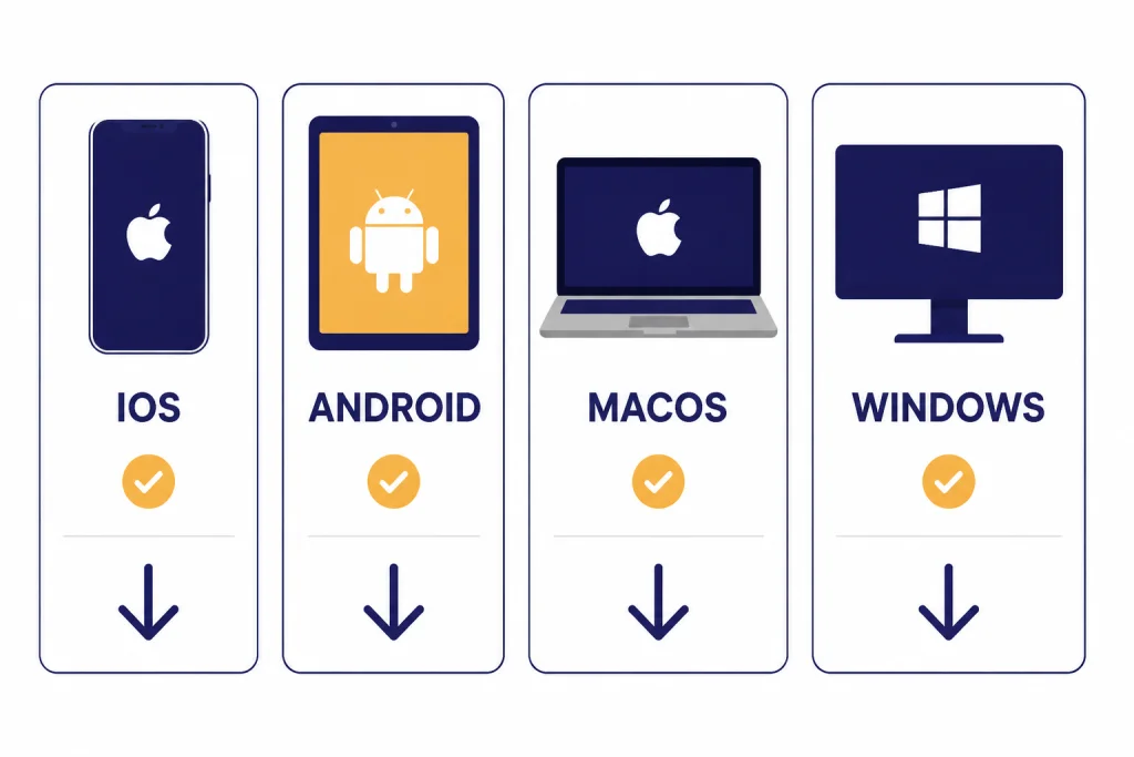 Four download cards labeled IOS, ANDROID, MACOS, and WINDOWS, each with a checkmark and down arrow.