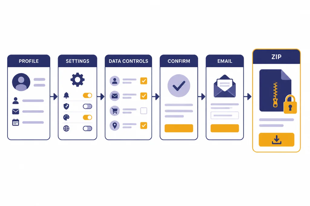 Six-step flow labeled PROFILE, SETTINGS, DATA CONTROLS, CONFIRM, EMAIL, and ZIP.