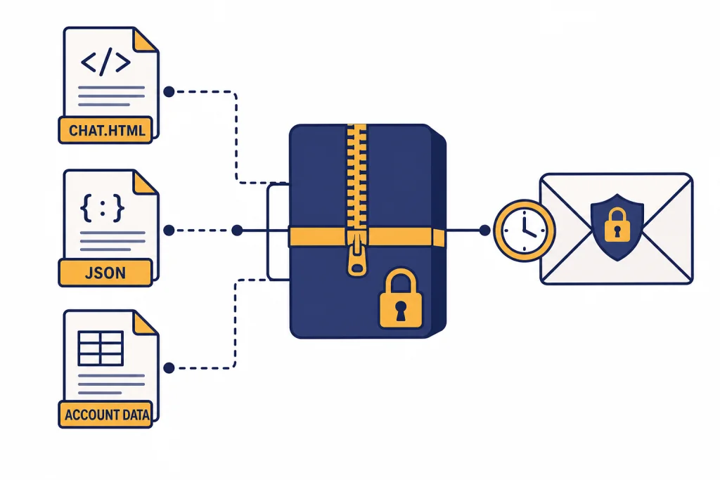 ChatGPT Data Export Archive ZIP archive linked to email, with file sheets labeled CHAT.HTML, JSON, and ACCOUNT DATA.