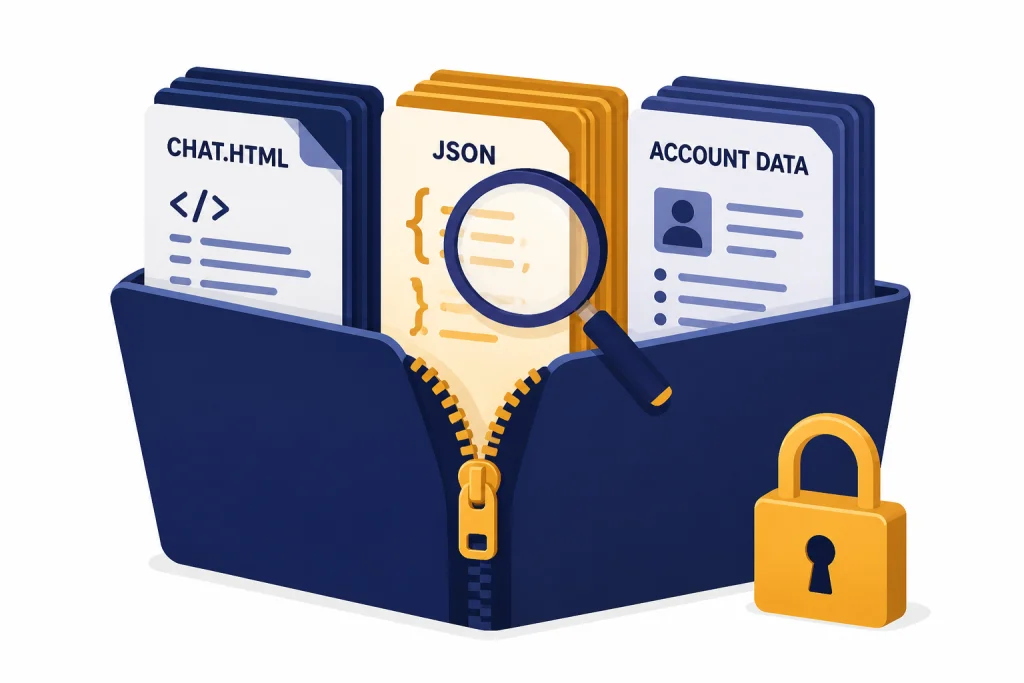 Export File Contents Open ZIP folder with document groups labeled CHAT.HTML, JSON, and ACCOUNT DATA.