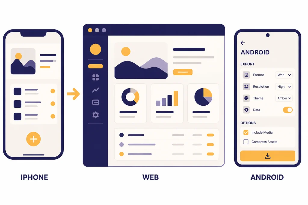 Mobile Export Paths Phone panels labeled IPHONE and ANDROID beside a browser panel labeled WEB, with ANDROID showing EXPORT.