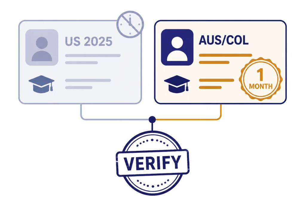 Student Offer Status Cards Student offer cards labeled US 2025 and AUS/COL, with 1 MONTH and VERIFY labels plus an expired clock.