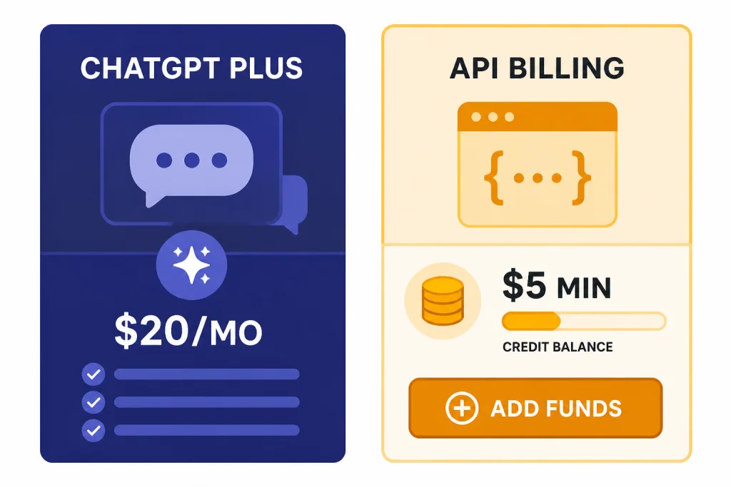 Two billing panels labeled CHATGPT PLUS and API BILLING, with $20/MO on one side and $5 MIN on the other.