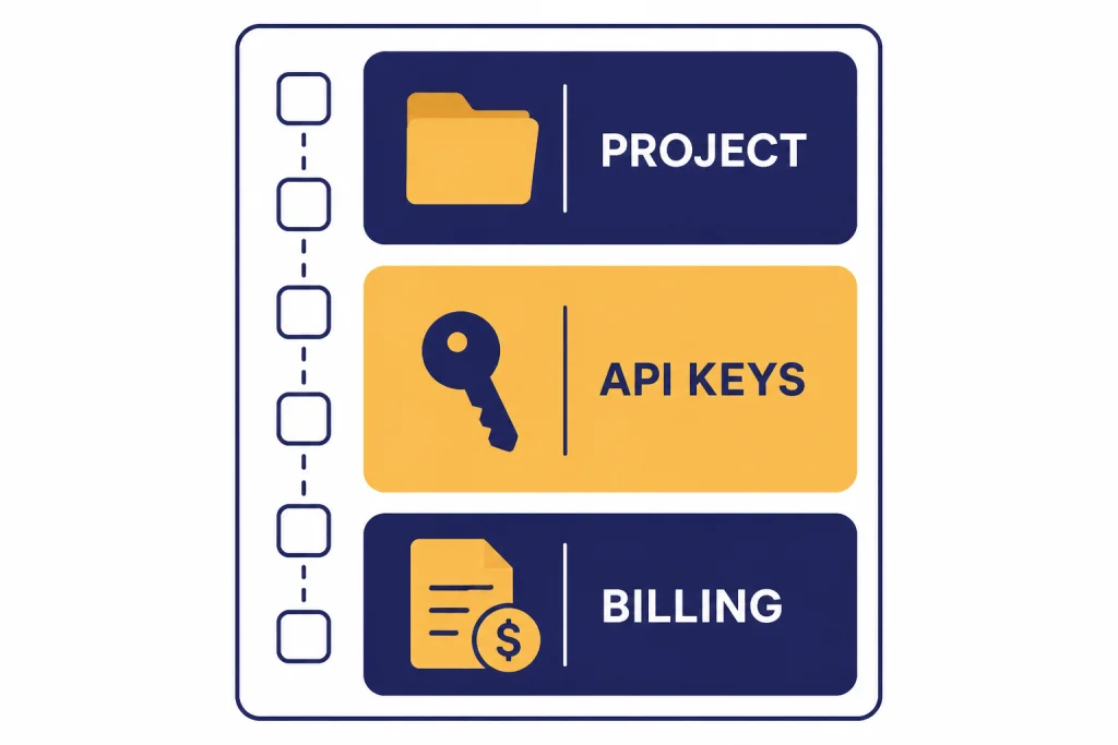 Vertical checklist card with sections labeled PROJECT, API KEYS, and BILLING.