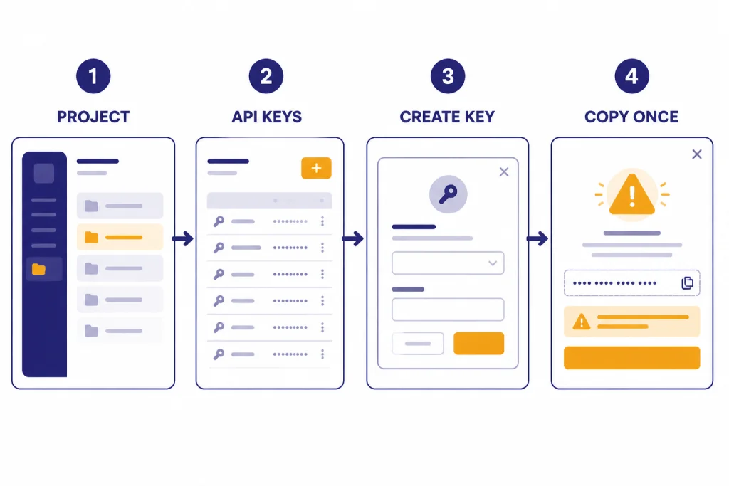 Key Creation Steps Four UI cards labeled PROJECT, API KEYS, CREATE KEY, and COPY ONCE in a left-to-right flow.