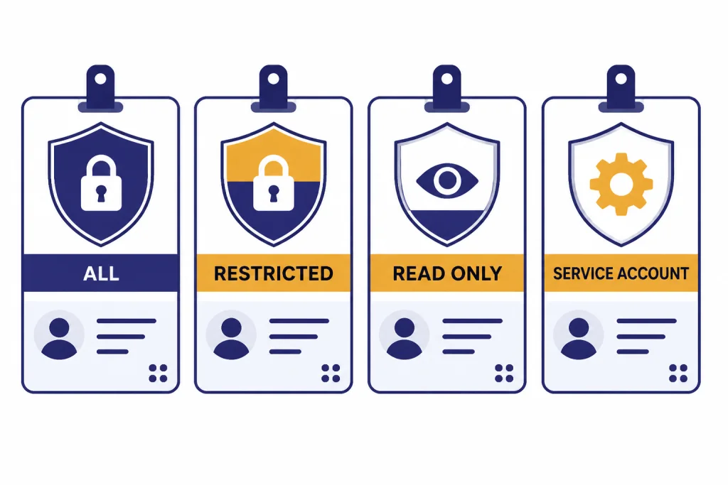 Four credential cards labeled ALL, RESTRICTED, READ ONLY, and SERVICE ACCOUNT with different shield levels.
