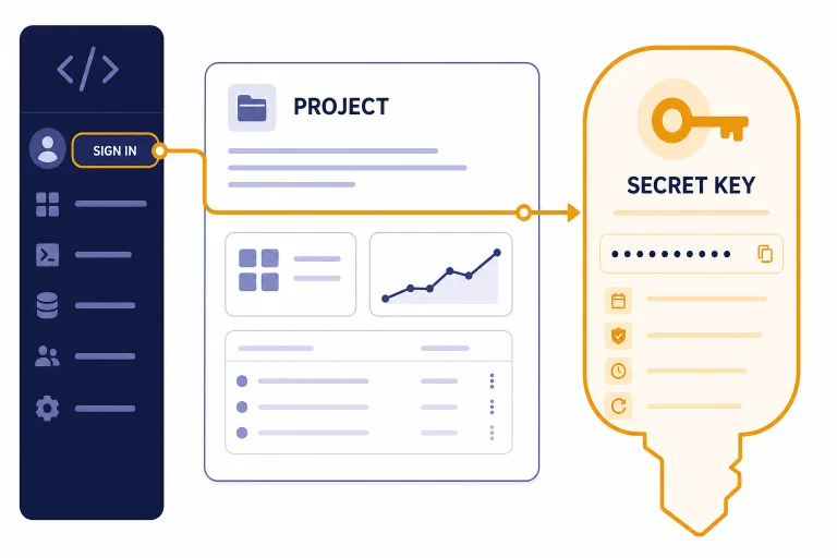 Dashboard diagram with steps labeled SIGN IN, PROJECT, and SECRET KEY leading to an API key panel.