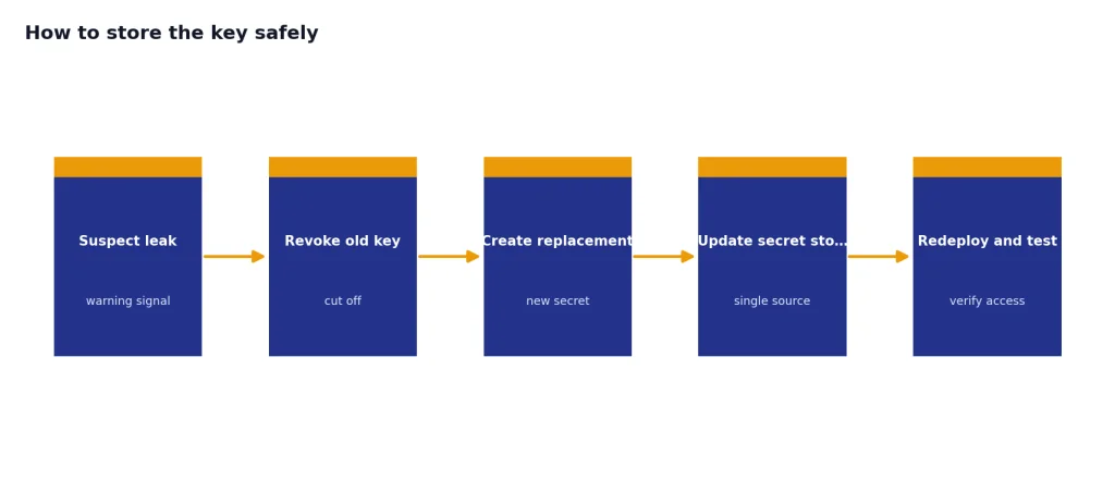 Process stages: Suspect leak, Revoke old key, Create replacement, Update secret store, Redeploy and test.