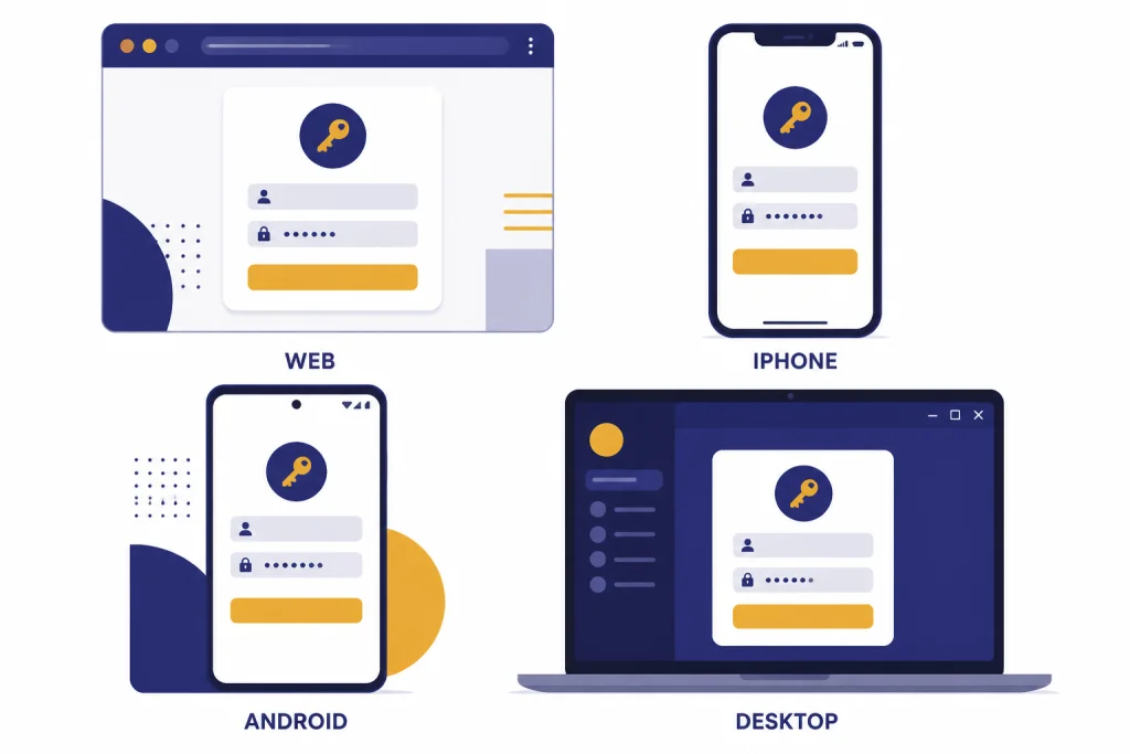 Device Login Options Four device cards labeled WEB, IPHONE, ANDROID, and DESKTOP, each with a login key symbol.