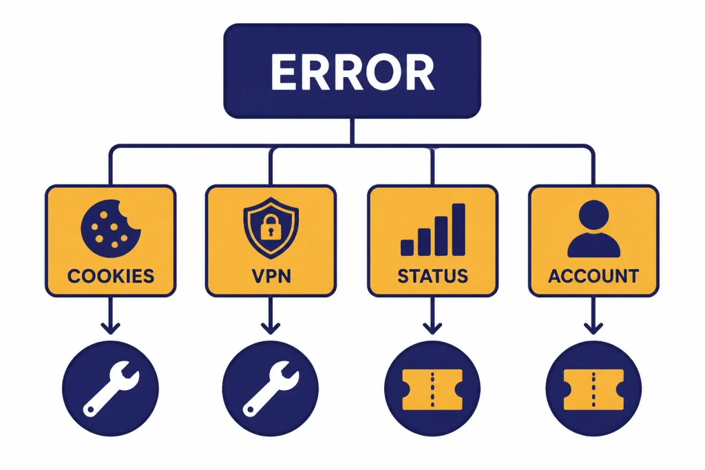 Login troubleshooting tree with ERROR branching to COOKIES, VPN, STATUS, and ACCOUNT boxes.
