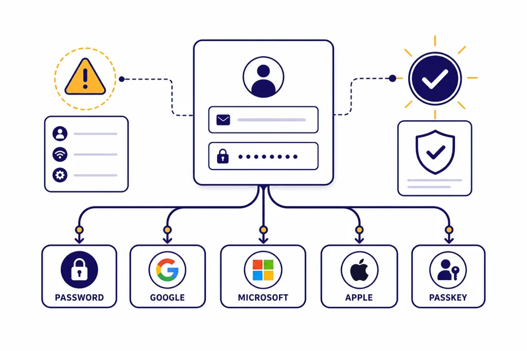 ChatGPT Login Paths Login panel with five paths labeled PASSWORD, GOOGLE, MICROSOFT, APPLE, and PASSKEY, plus warning and check icons.