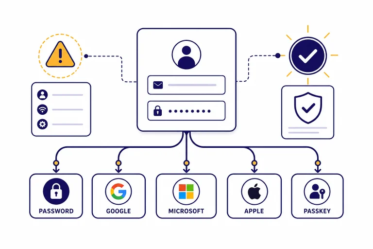 Login panel with five paths labeled PASSWORD, GOOGLE, MICROSOFT, APPLE, and PASSKEY, plus warning and check icons.