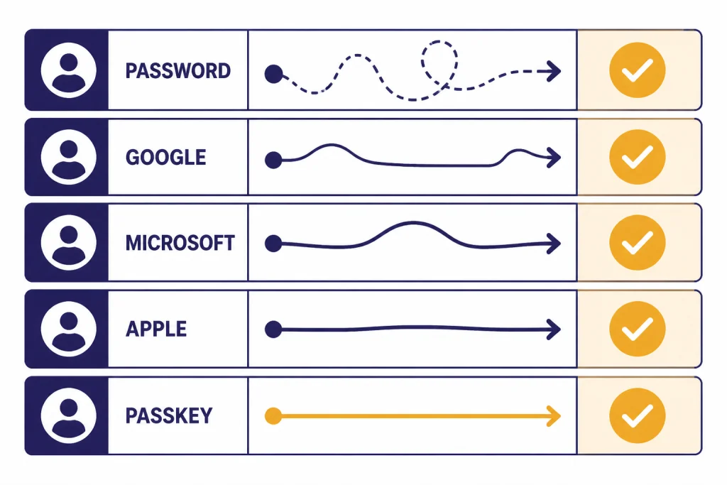 Login Method Match Five stacked login lanes labeled PASSWORD, GOOGLE, MICROSOFT, APPLE, and PASSKEY leading to checkmarks.