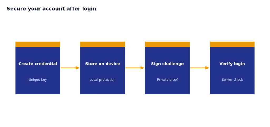 Process chart with 4 stages: Create credential, Store on device, Sign challenge, Verify login.