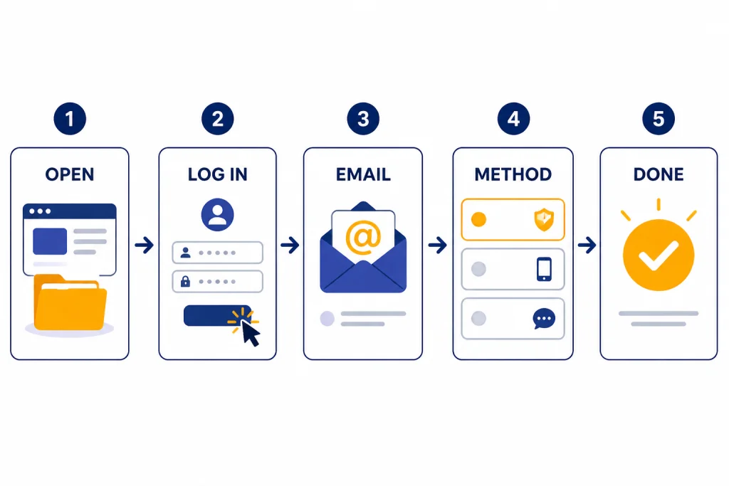 Quick Login Checklist Five-step login checklist labeled OPEN, LOG IN, EMAIL, METHOD, and DONE with arrows and a checkmark.