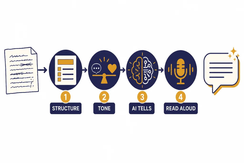 Four-Pass Editing Workflow Four-step revision pipeline labeled STRUCTURE, TONE, AI TELLS, and READ ALOUD.
