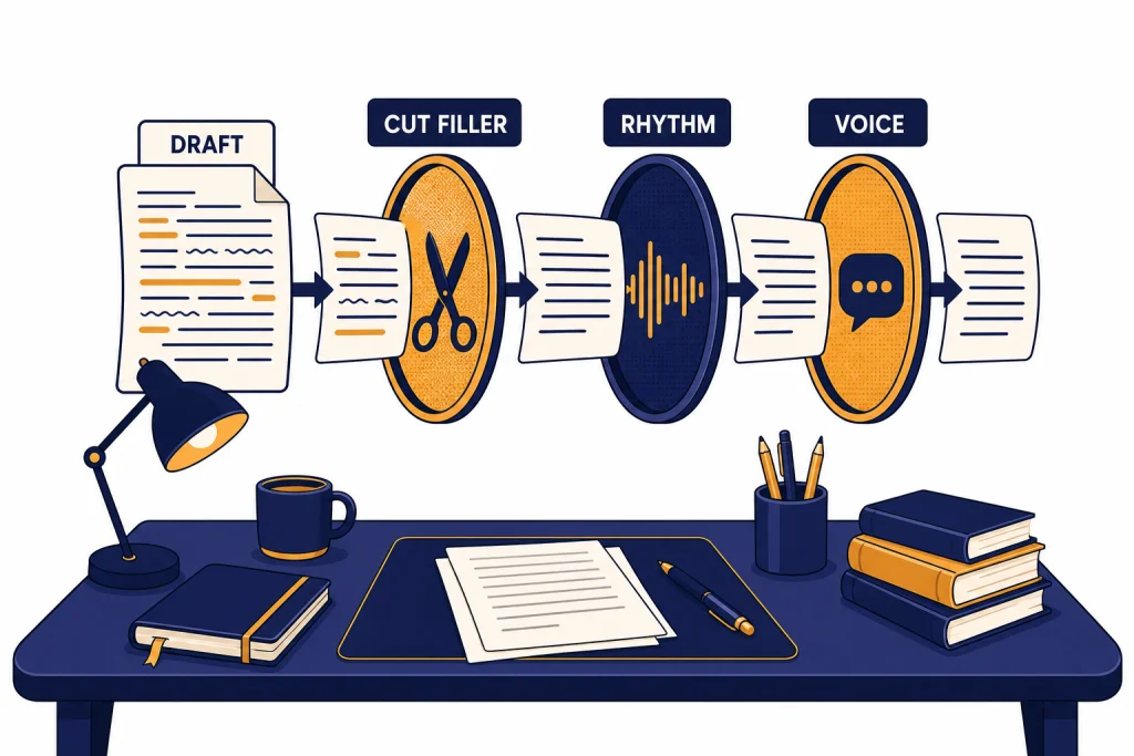 Human Tone Editing Flow Draft page moving through filters labeled DRAFT, CUT FILLER, RHYTHM, and VOICE.