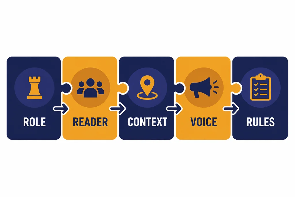 Five connected blocks labeled ROLE, READER, CONTEXT, VOICE, and RULES in a prompt framework.