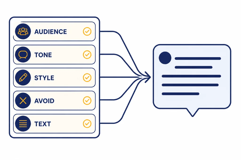 Natural Prompt Checklist Prompt card checklist labeled AUDIENCE, TONE, STYLE, AVOID, and TEXT feeding into a message bubble.