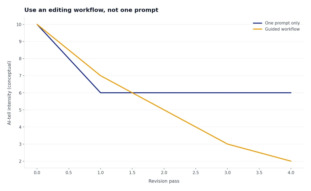Illustrative chart comparing a one-prompt edit with a guided multi-pass revision workflow.