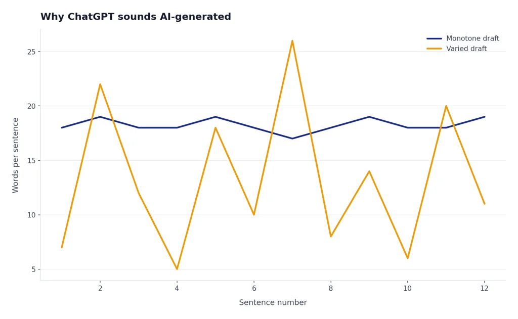 Illustrative line chart comparing a monotone draft with a varied draft across a sequence of sentences.