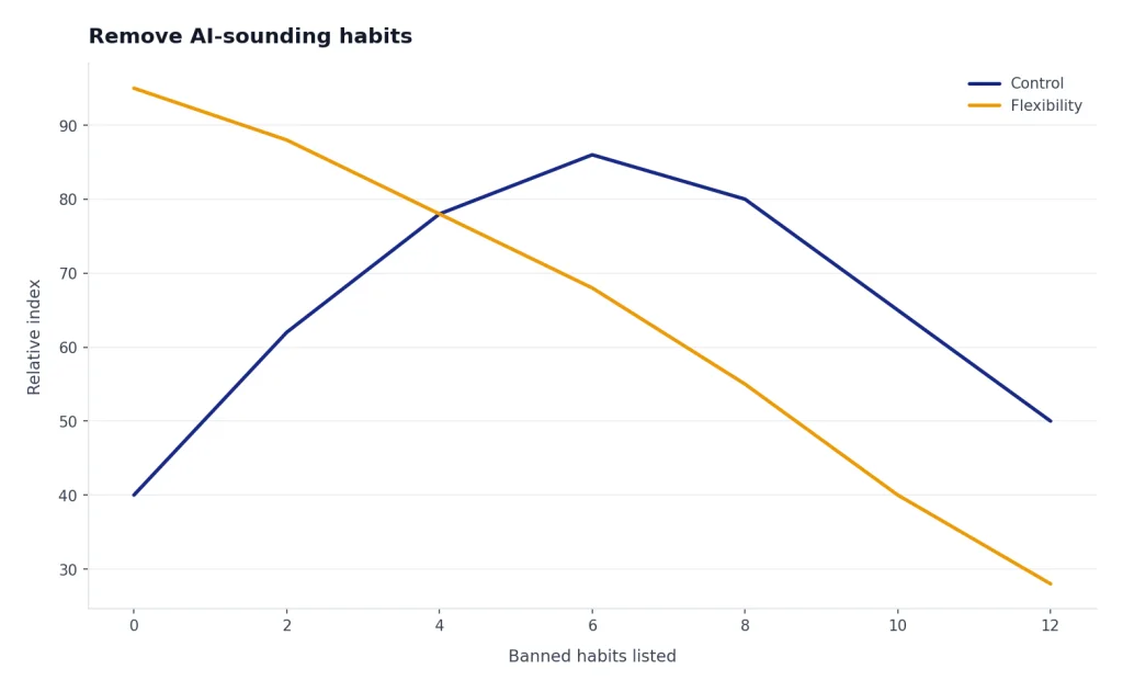 Illustrative chart showing that a short banned-habits list can improve control, while too many restrictions can reduce flexibility.
