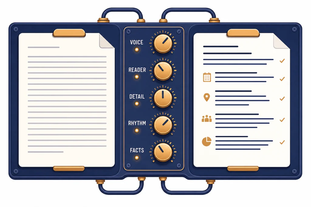 Human Writing Control Board Writing control board with draft page, dials labeled VOICE, READER, DETAIL, RHYTHM, FACTS, and final page.