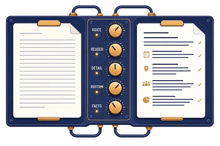Writing control board with draft page, dials labeled VOICE, READER, DETAIL, RHYTHM, FACTS, and final page.
