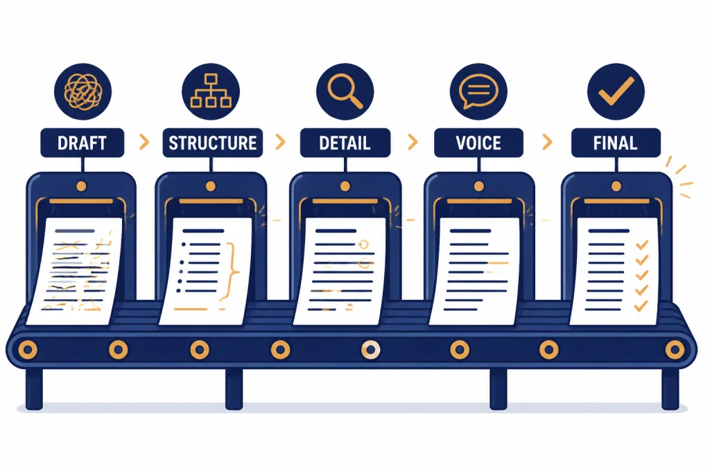 Revision Pass Workflow Revision conveyor with stations labeled DRAFT, STRUCTURE, DETAIL, VOICE, FINAL transforming a page.