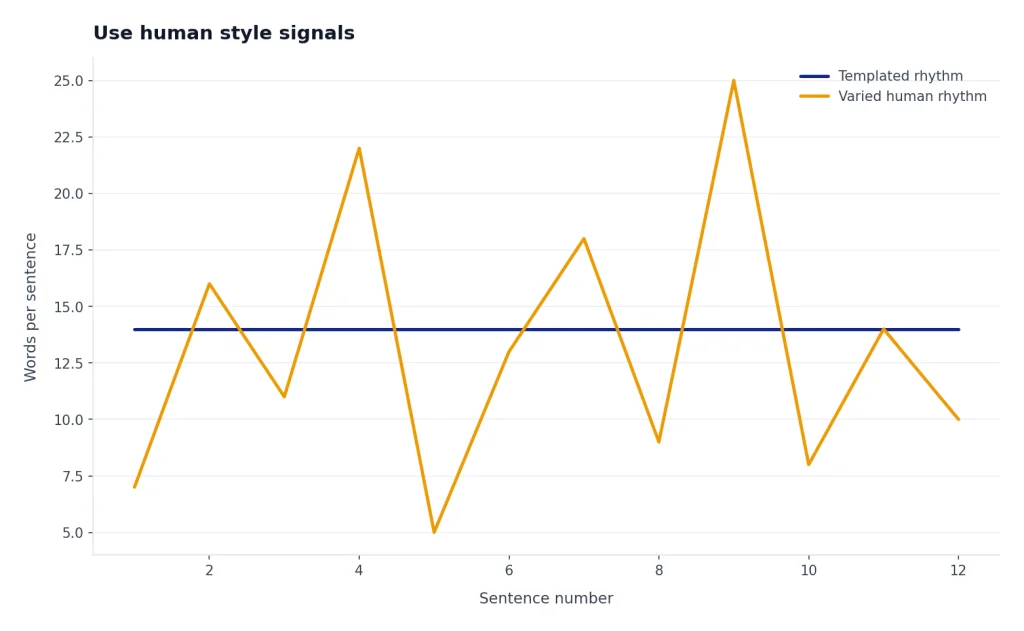 Illustrative chart comparing a flat, templated sentence rhythm with a more varied human rhythm.