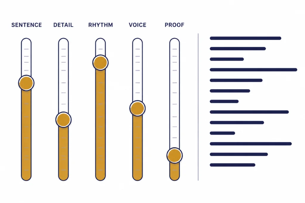 Human Style Signals Five style sliders labeled SENTENCE, DETAIL, RHYTHM, VOICE, PROOF beside a paragraph preview.