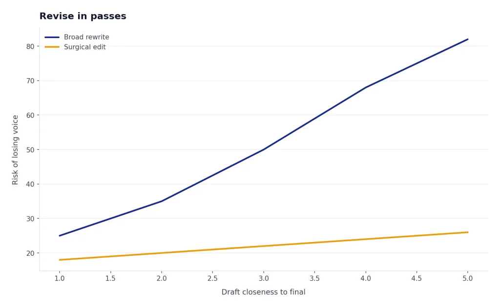 Illustrative chart showing that broad rewrites become riskier near the final draft, while surgical edits help preserve good sections.