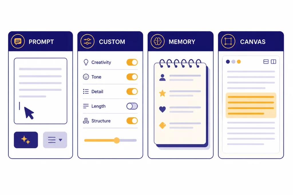 Four control cards labeled PROMPT, CUSTOM, MEMORY, CANVAS with cursor, toggles, notepad, and highlighted paragraph.