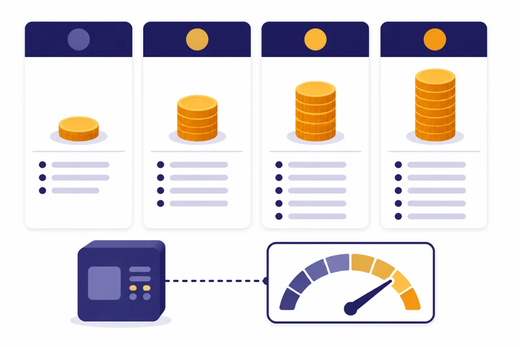 Four subscription cards with growing coin stacks and a separate API usage meter.