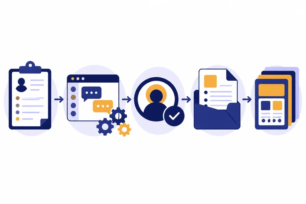 Intake form, AI workbench, review gate, and client deliverable in sequence.