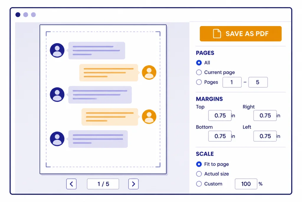 Desktop print preview with labels SAVE AS PDF, PAGES, MARGINS, and SCALE.