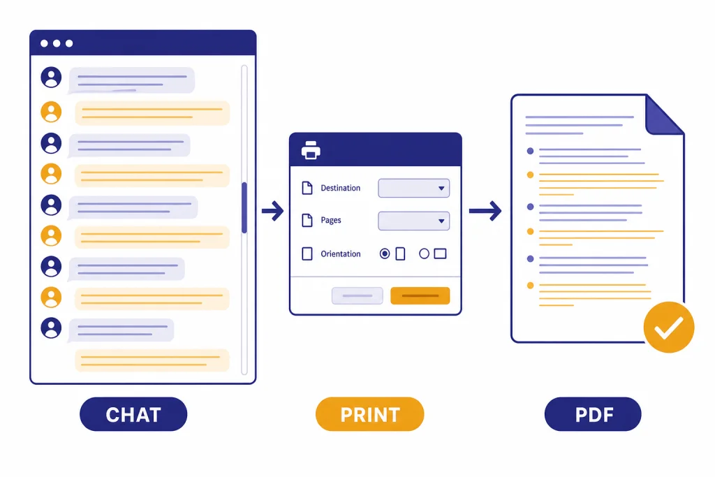 Chat To PDF Workflow Browser chat transcript flows through a print panel into a document labeled PDF.