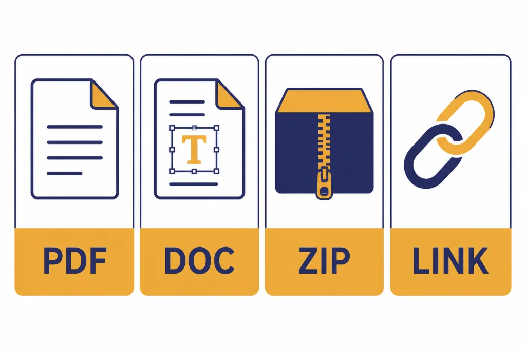 Saving Method Comparison Comparison board with four columns labeled PDF, DOC, ZIP, and LINK.