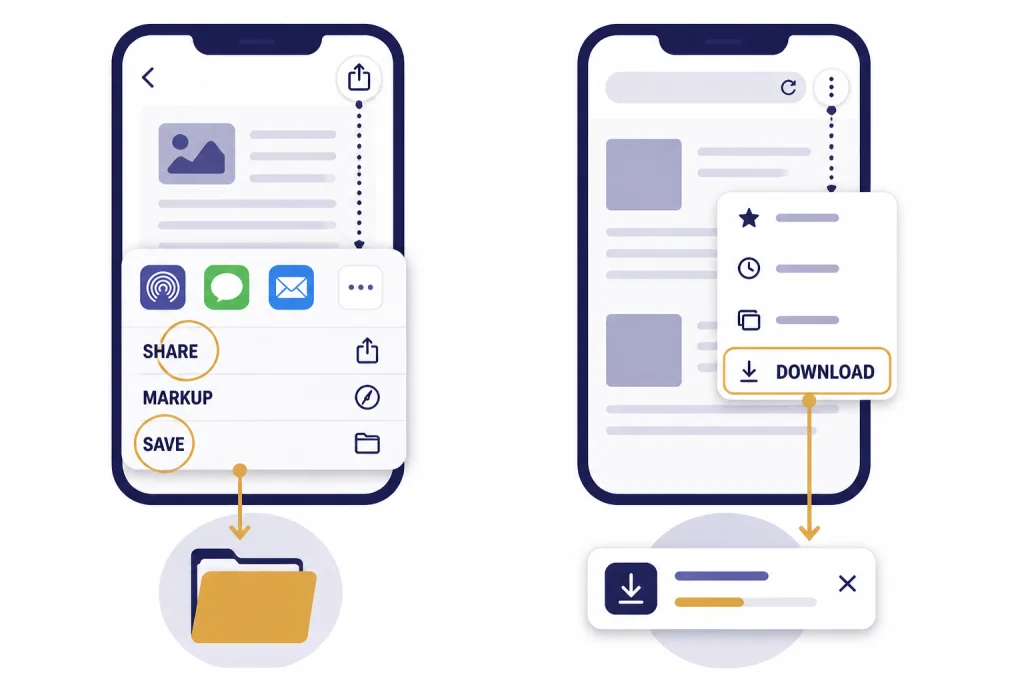 Mobile PDF Saving Two phone screens with labels SHARE, MARKUP, SAVE, and DOWNLOAD for mobile PDF saving.