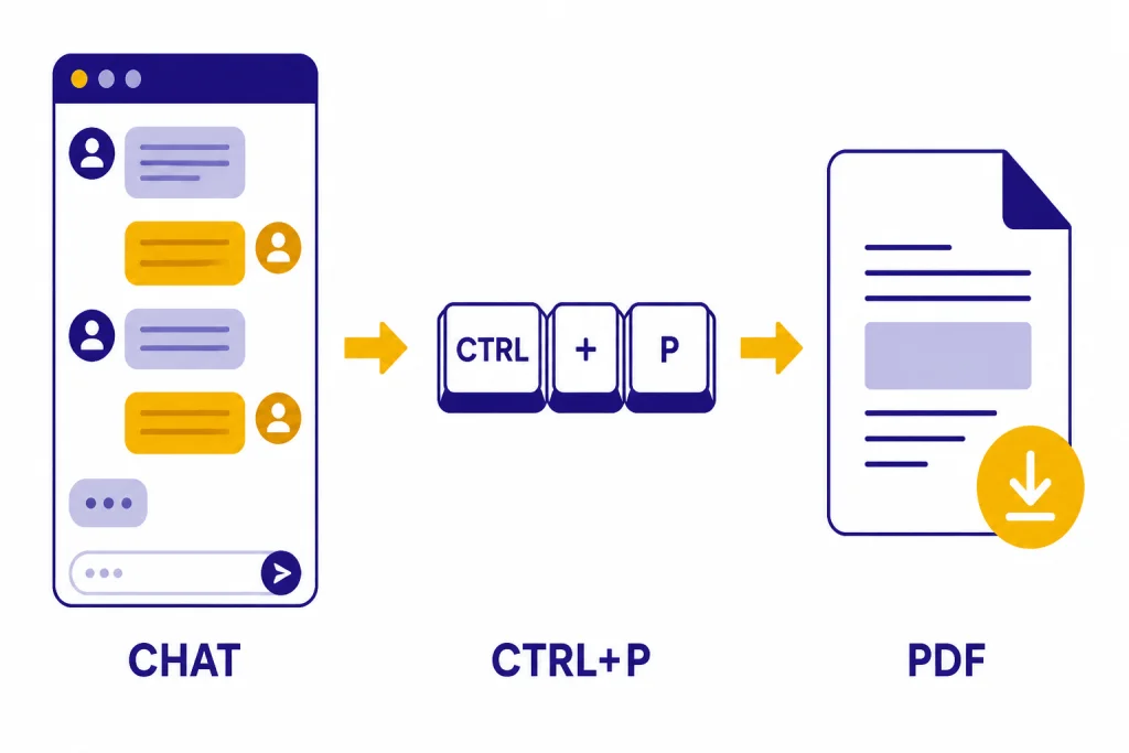 Quick PDF Save Steps Three-step workflow labeled CHAT, CTRL+P, and PDF from conversation to saved file.