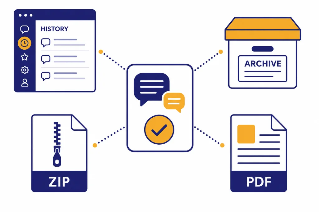 Conversation Save Options Saved conversation card connected to labeled HISTORY, ARCHIVE, ZIP, and PDF destinations.