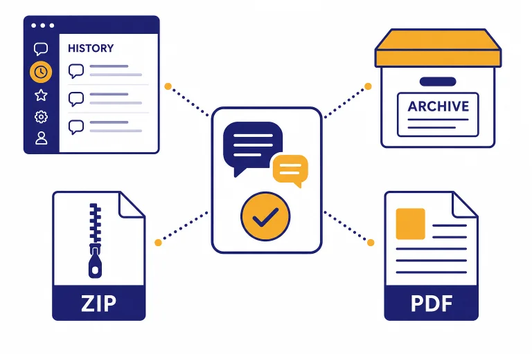 Saved conversation card connected to labeled HISTORY, ARCHIVE, ZIP, and PDF destinations.