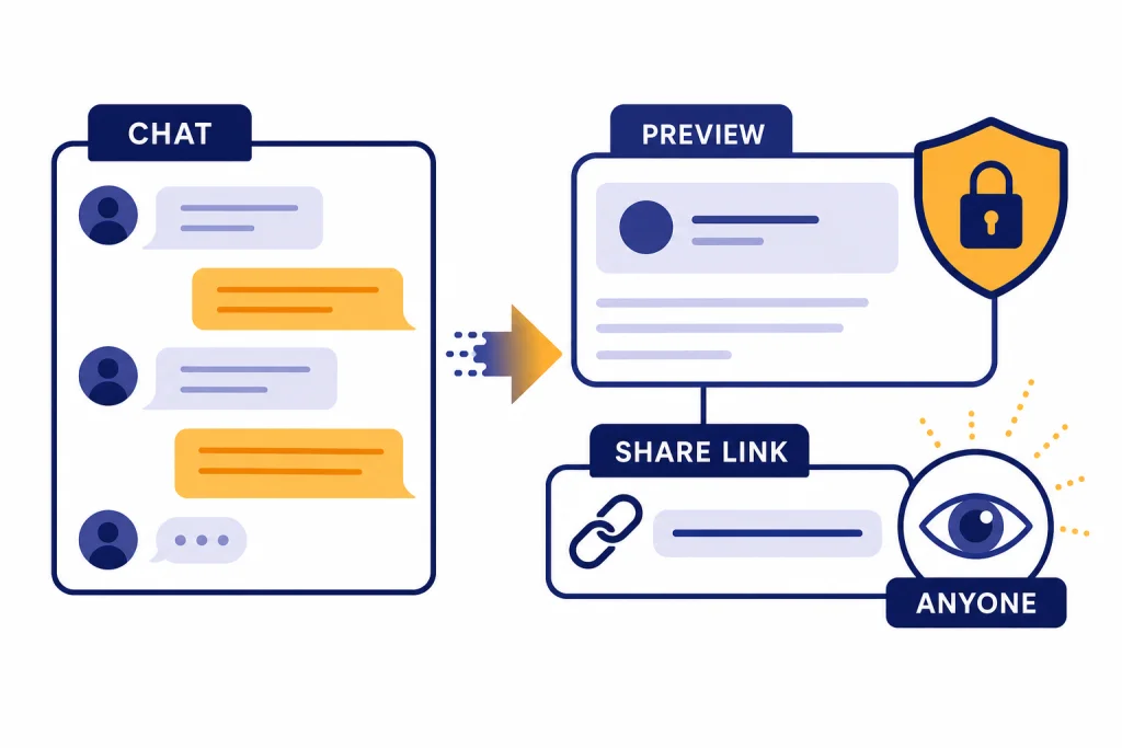 Shared Conversation Link Conversation panel becomes a link card labeled CHAT, PREVIEW, SHARE LINK, and ANYONE with shield and eye icons.