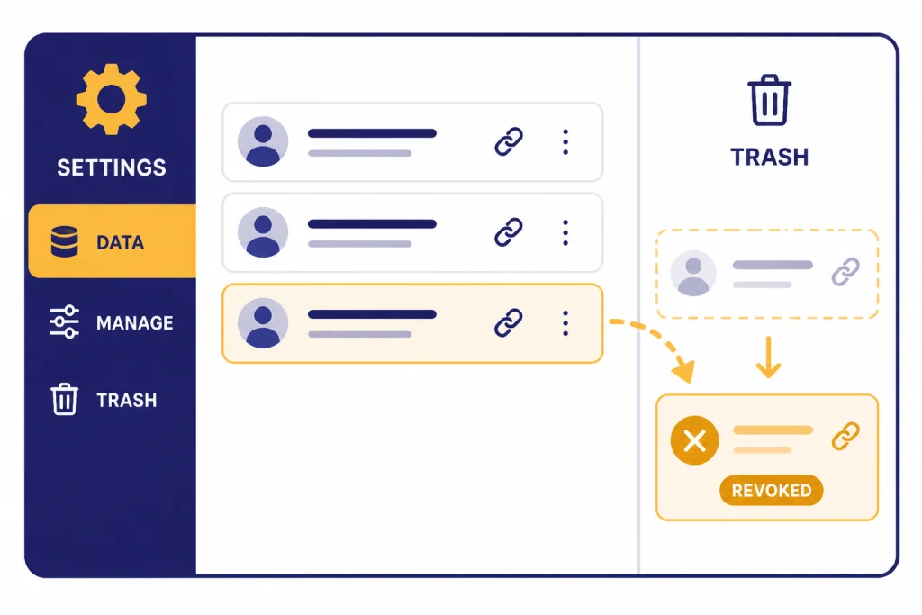 Shared Links Manager Settings modal labeled SETTINGS, DATA, MANAGE, TRASH, and REVOKED managing shared link rows.