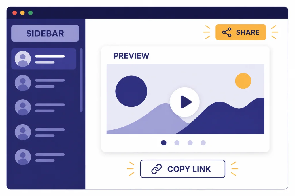 Web Share Steps Browser interface labeled SIDEBAR, SHARE, PREVIEW, and COPY LINK showing the web sharing steps.
