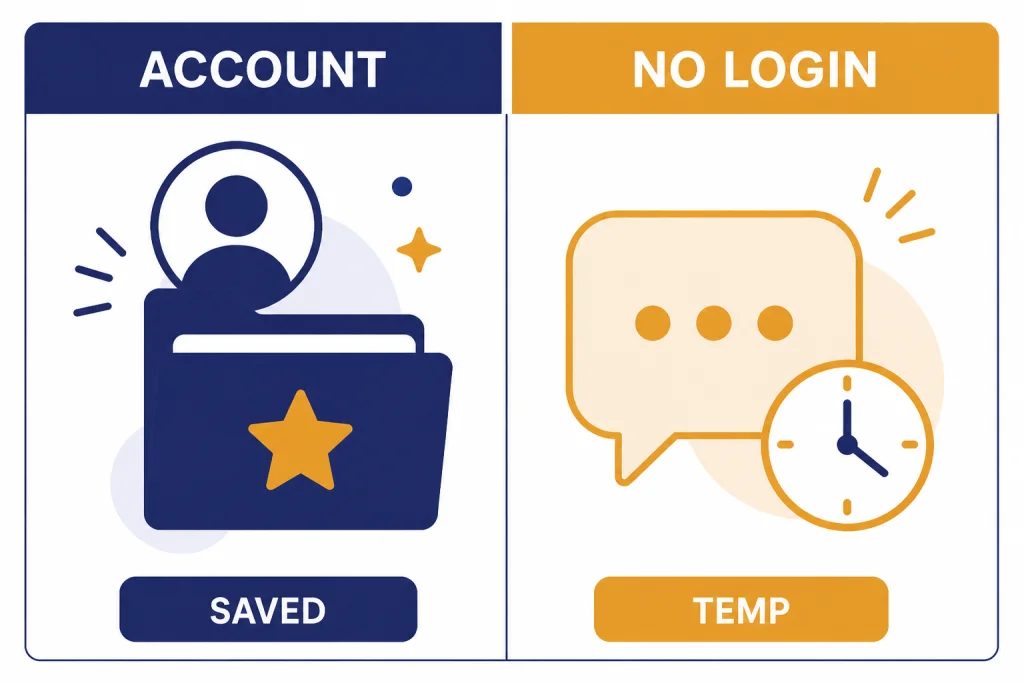 Two-column grid labeled ACCOUNT and SAVED on the left, NO LOGIN and TEMP on the right.
