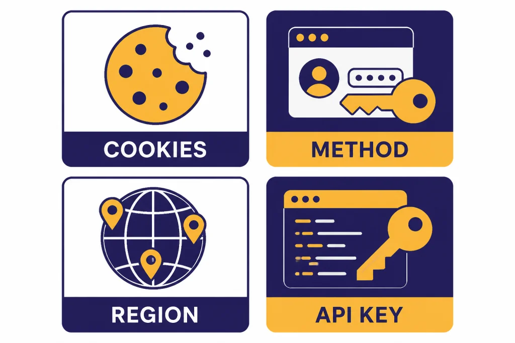 Signup Troubleshooting Tiles Four troubleshooting tiles labeled COOKIES, METHOD, REGION, and API KEY.