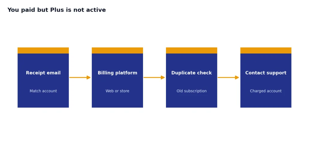 Four-stage process labeled Receipt email, Billing platform, Duplicate check, Contact support.