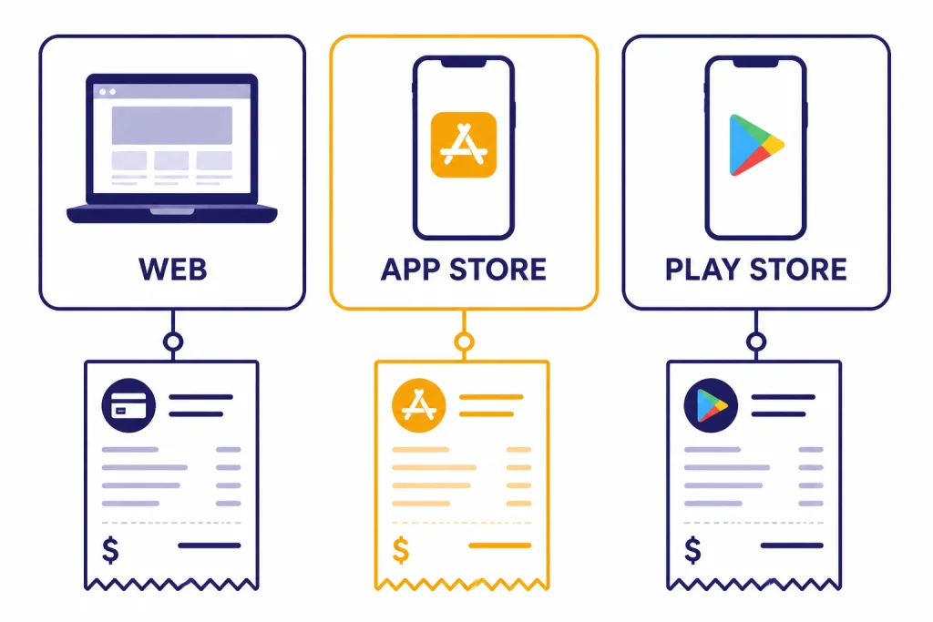 Platform Billing Comparison Three billing cards labeled WEB, APP STORE, and PLAY STORE, each connected to its own receipt.