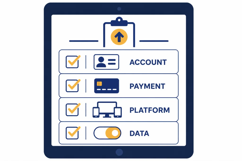 Checklist with four rows labeled ACCOUNT, PAYMENT, PLATFORM, and DATA, each with a checked box.